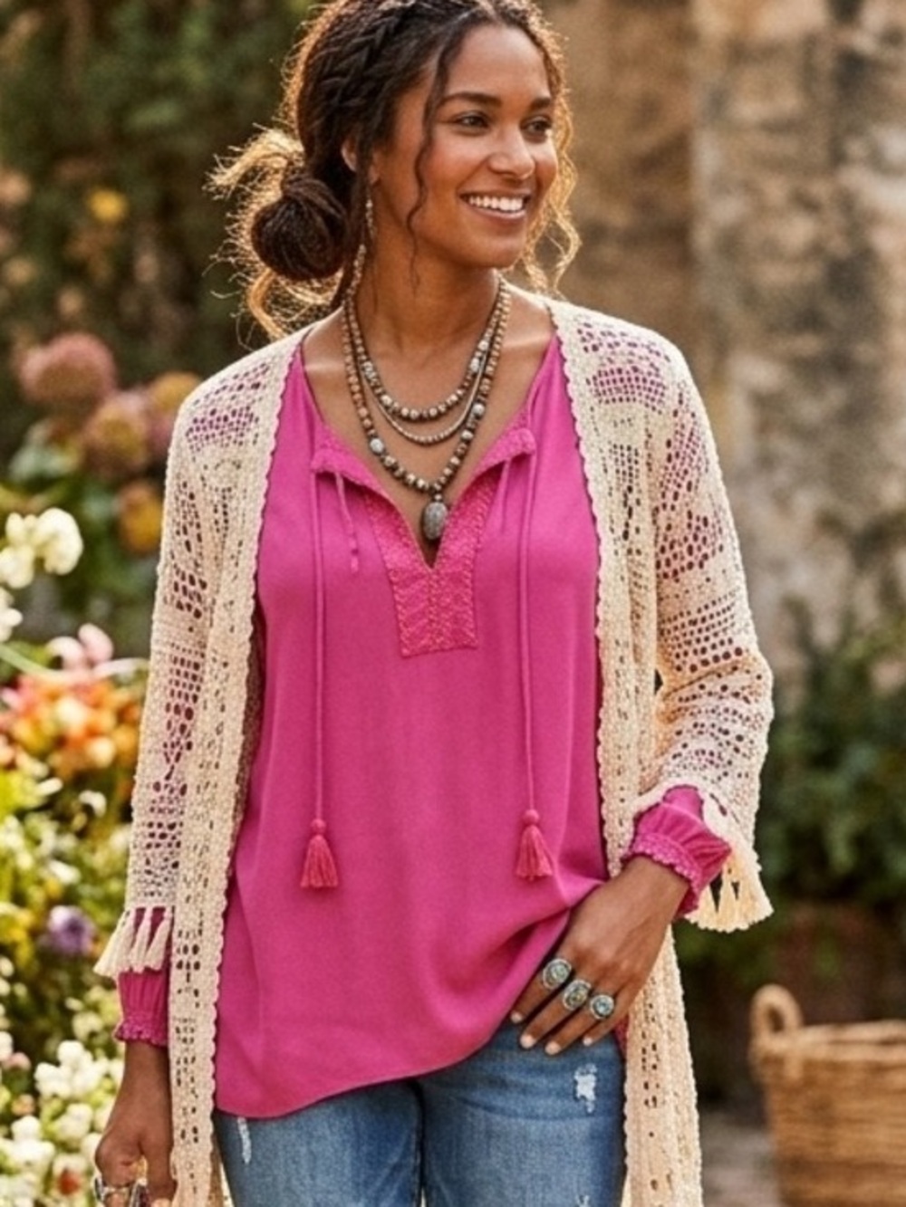 Johnny Was Calmé. Embroidered  Boho Tassel Tunic. Magenta. Size Small.
